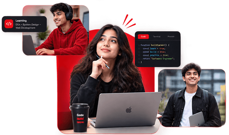 A student building a project at her laptop, surrounded by her learning track, live code and a graduate heading to work.